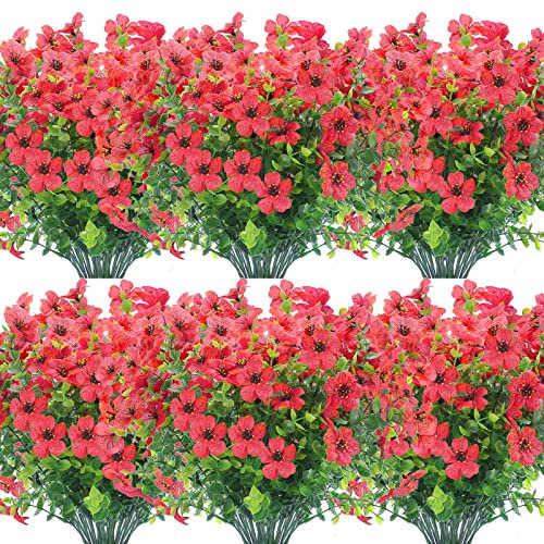 12 Bündel künstliche Blumen für den Außenbereich, UV-beständig, künstliche Kunststoffpflanzen, für drinnen und draußen, hängende Pflanzen, Garten, Bauernhaus, festliche Sträucherdekoration (rot)