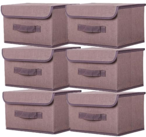NCRGB 6 Stück Stoff Faltbare Aufbewahrungsboxen mit Deckel 26×19×16cm,Stoffaufbewahrungsbehälter mit Deckel,Kleiderschrank Organizer für Kleideraufbewahrung,Raumorganisation-Braun