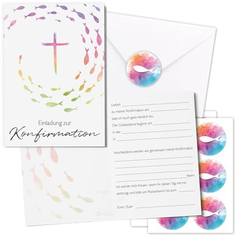 younikat 15er Set Einladungskarten zur Konfirmation I DIN A6 mit Umschlägen I Klappkarten bunte Fische mit 18 Aufklebern zum Verzieren I dv1370