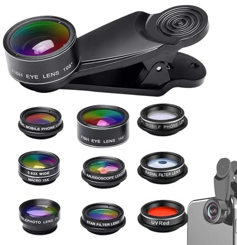 Telefonkameraobjektiv, Telefonkameraobjektiv-Kit | 10-in-1 Clip- -Handy-Objektiv-Set - 198° Fisheye, Teleobjektiv, 20X/15X Makroobjektiv für die meisten Smartphones