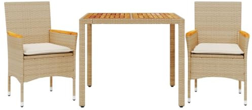 vidaXL Garten Essgruppe 3-TLG., Gartenmöbel Set mit Kissen, Gartengarnitur Tisch 2 Stühle, Lounge Sitzgruppe Sitzgarnitur, Beige Poly Rattan Akazie