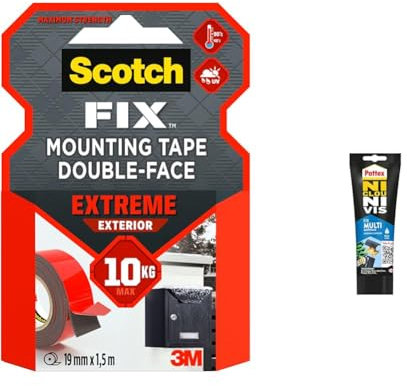 Scotch-Fix Ruban Adhésif Double Face de fixation Extrême pour Extérieur, 19 mm x 1,5 m & Pattex Ni Clou Ni Vis Fix Multi Matériaux Intérieur & Extérieur, colle de fixation
