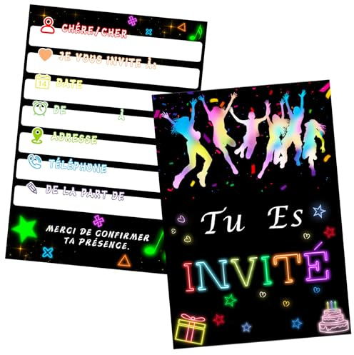 Bomtop 12 Cartes d'Invitation Anniversaire Thème Néon, Invitations de Fête, Garçon Fille Enfant Fête Anniversaire pour Glow Invitation Créative