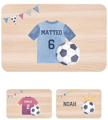 wunderwunsch - Personalisiertes Holzbrett mit EM Spezial-Druck für Kinder - Personalisiertes Frühstücksbrettchen - Fußball Geschenke, Geschenk Fussball (Fußballtrikot blau)