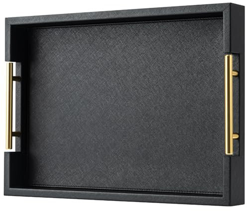 Black Rectangle Serving Tray with Gold Handles for Party,Large Wood Decorative Tray for Ottoman,Faux Leather Coffee Table Tray Decor