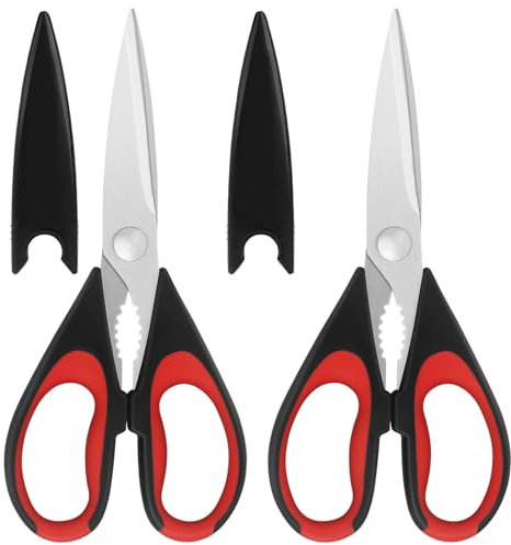 Vutyvve Forbici da cucina, lame in acciaio inox, impugnatura morbida, set di forbici multiuso da cucina, rosso/nero, set di 2