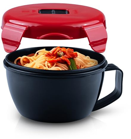 MATICAN Microwave Soup Bowl with Lid, Soup Mug with Lid, Microwave Containers for Ramen Noodles, Soup, Beverages, 31.11 Ounces, Red, Black