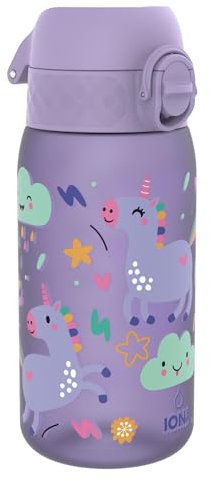 Ion8 Kids Water Bottles, BPA Free, Leakproof, Dishwasher Safe, Easy Open, Secure Lock, Small Boys & Girls Water Bottle,Kids Drinks Bottle for Spill-free Drinking, Purple, Unicorns, 350ml/12oz