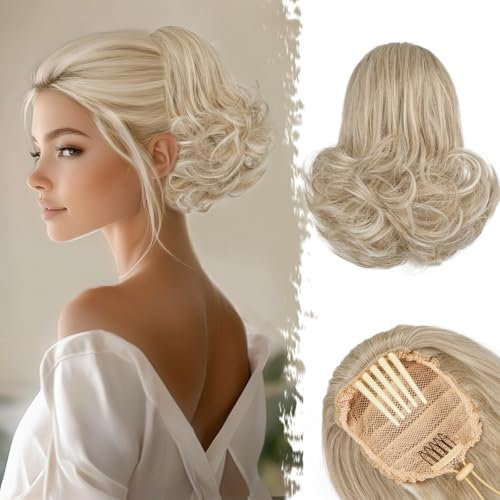 BARSDAR Kurzes Blond Pferdeschwanz mit Kordelzug, 25cm Wellige Pferdeschwanz Haarteil für Damen Synthetisch Clip in Zopf Ponytail Extensions Haarteile - Mittel Blond mit Highlights