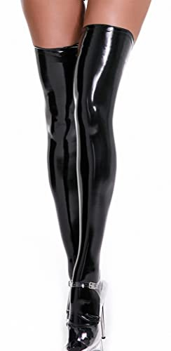 FEOYA Damen Kurze Overall Sexy Party Halterlose Overknee Strümpfe Clubwear Partykleider Kunstleder Wetlook Kniestrümpfe Bodysuit Leder Latex Kleider Latex Lange Handschuhe