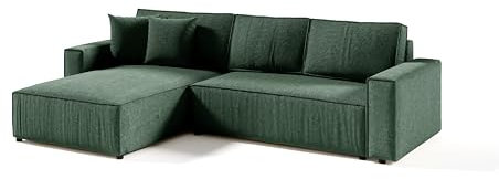 PAMIR24 Ecksofa L-Form Schlafsofa und Bettkasten Cord-Stoff POSO Links/Rechts (Grün, Links)