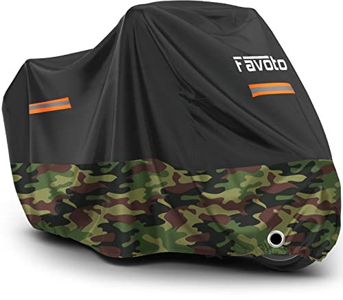Favoto Funda para Moto Cubierta de Moto 210D Impermeable Protectora con Banda Reflectante a Prueba de Sol Lluvia Polvo Viento Nieve al Aire Libre 265x105x125cm Negro+Camuflaje