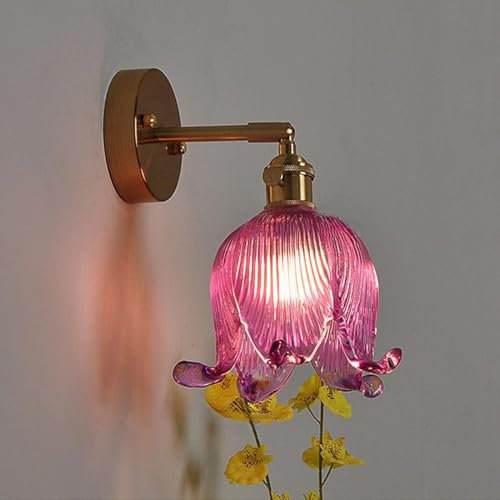 Abat-jour en verre à fleurs, applique murale de salle de bains, luminaire de vanité, lampe murale en verre soufflé violet ambre, applique murale vintage réglable pour chambre à coucher, salon,