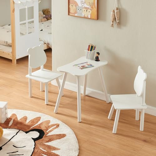 [en.casa] Set Mobili per Bambini Tavolo e 2 Sedie con Schienali Orsetto Arredo a Misura di Bimbi per Cameretta Area Gioco- Bianco