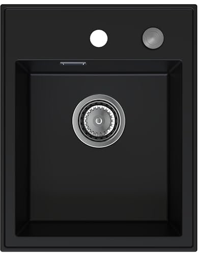 Granit Spülbecken klein 40x50 cm - Spüle ohne Abtropffläche - Granitspüle Schwarz mit Siphon PUSH und Imprägnierung - Kleines Spülbecken Küche für Unterschränke ab 40 cm Breite - SINK QUALITY