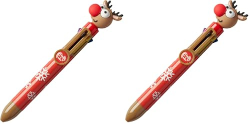Tinc Festive Multicolour Retractable Ballpoint Pen 6-in-1 Colour Ballpoint Pens for School Office Home | Reindeer Character (MLTCKREIN) (Pack of 2)
