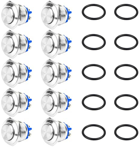 10 Stück Drucktaster, 16mm Taster, Momentan Taster Schraubklemmen, Metall Wasserdichte Tastschalter, Druckschalter Selbstsichernder, 3A/12V/24V/125V/250V für hupen, Auto