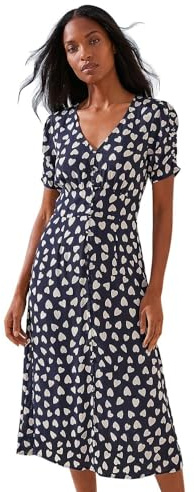 Roman Originals Swing Tea Dress Women UK Ladies Skater Midi A Line Fit & Flare Summer Casual Smart Cocktail Party Going Out Work Cruise Button Through Long Pocket - Navy Ivory - Size 16