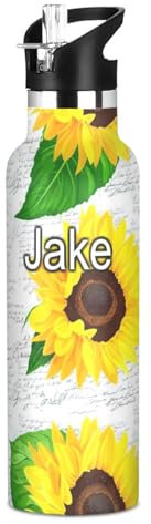 Botella de agua personalizada para niños, botella de agua aislada para niños y niñas, sin BPA, girasoles amarillos vintage