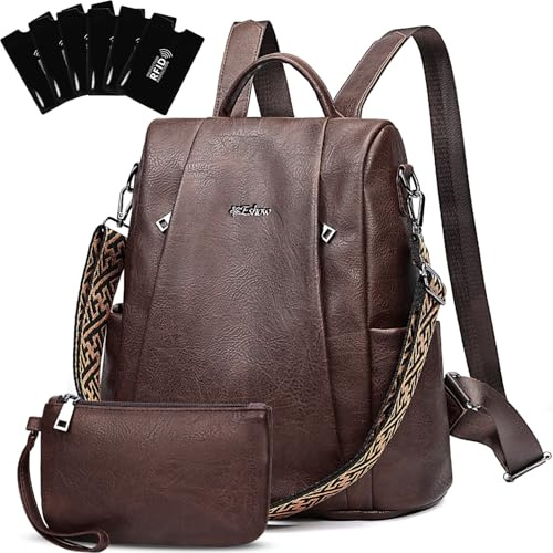 Eshow Rucksack Damen Klein, Anti-Diebstahl Elegant Cityrucksack, Wasserdichter Tagesrucksack Veganes Leder, Rucksacktasche mit Clutchbag RFID Blocker Modern für Pendeln Schule Arbeit Reise Braun
