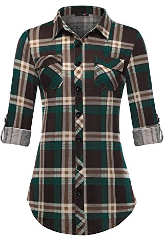 DJT Damen Weiches Gestrick Karierte Bluse Langarm Oberteile Roll Up Ärmel Hemdbluse Shirts Button Down Blusen Top Kaffee-Grün M