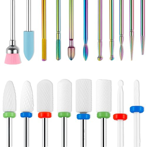 Nail Drill Bits Set 19pcs Ceramic Acrylic Gel Drill and Electric Nail Files Drill 3/32 Inch drill bits with Brush, Suitable for Filing Acrylic Nails Gel Nails Down Removing Cuticle Tools