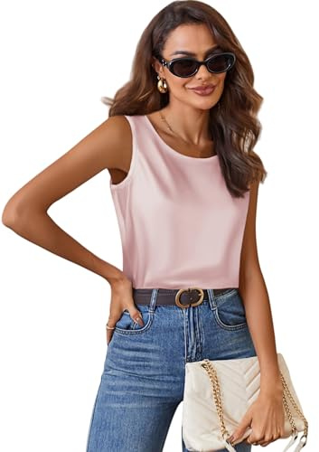 Top in raso da donna, elegante, in seta, senza maniche, con scollo rotondo, Colore: rosa., M