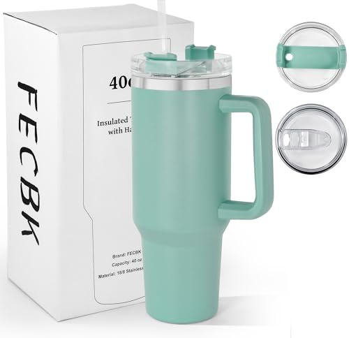 FECBK 40oz Insulated Tumbler with Handle and 2 Straw Lids 1.2L, Teal | Stainless steel, 34H cold, 12H hot, Leak proof, Dishwasher safe, Double wall vacuum, Car cup holder friendly, Removable straw