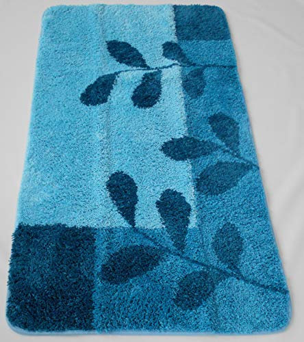 MB Warenhandel24 Badematte Badvorleger Badteppich Designer Grafik oder Farbverlauf Uni einfarbig 4 Größen 2 Varianten (Teppich Leaves Blau, Rund D: ca. 80 cm)