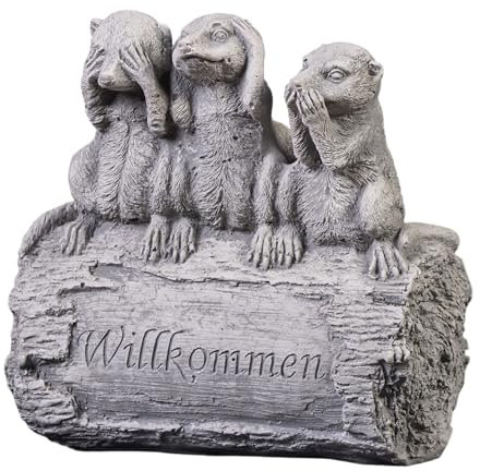 gartendekoparadies.de Erdmännchen-Familie SAGT: Willkommen, Steinfigur, H. 20 cm, 4 kg, Grau, frostsicher aus Steinguss für Außenbereich