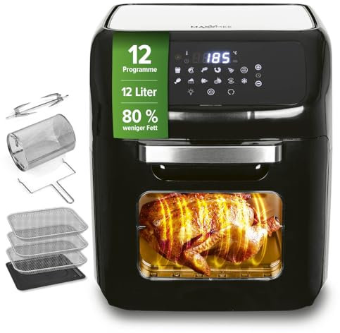 MAXXMEE Heißluft-Fritteuse Digital | Heißluftfritteuse XXL 12L bis zu 1,8kg Pommes | 3in1 Heißluftofen, Grill und Fritteuse | Fett- und geruchsarme Zubereitung mit Heißluft-Zirkulation [schwarz]