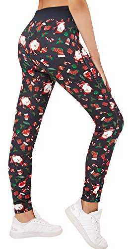 Loveternal Damen Leggings Weihnachtsmann Druck Sport Lang Elegant Yoga Hosen Blickdicht High Waist Frauen Laufhose Fitnesshose Trainingshose Sportleggins Streetwear L