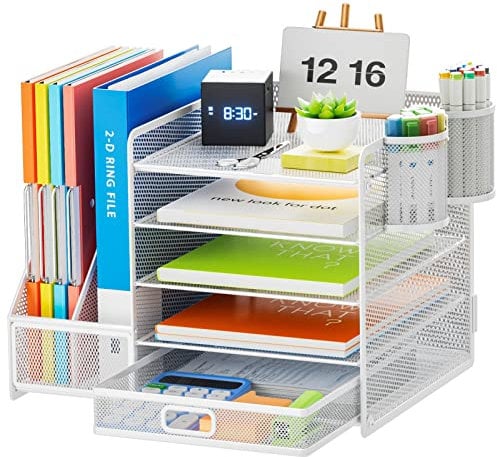 Marbrasse Desk Organiser File Holder,5-Tier Paper Letter Tray Organiser with Drawer,2 Pen Holder,Mesh Desktop Storage with Magazine Holder for Office Supplies (White)