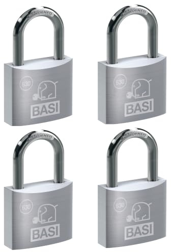 BASI | Vorhangschloss 4er Set | 20 mm | verschiedenschließend | massives Aluminium-Gehäuse | gehärteter Stahlbügel | sicheres Vorhängeschloss | Bügelstärke 3 mm | 4 Stück