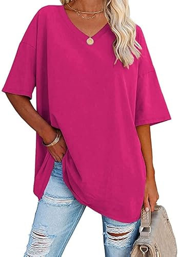 T-shirt décontracté surdimensionné à manches courtes et col en V en coton uni pour femme., rose rouge, L