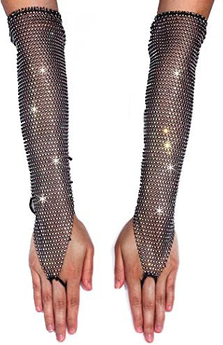 GEMILY Strass Mesh Handschuhe Elastische Fingerlose Fischnetz Handschuhe Rave Party Glitzer Handschuhe Kostüm für Damen und Mädchen, Schwarz, Einheitsgröße