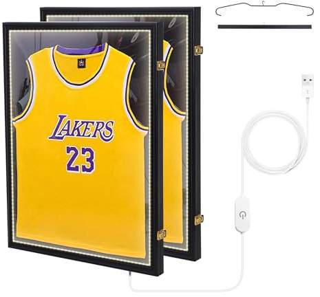 Nice C Trikotrahmen, Rahmen Trikot, Rahmen für Trikot, Trikotrahmen Fußball, Schattenbox-Vitrine mit LED-Licht, 98% UV-Schutz, Kleiderbügeln und Haken, Valet-Pinnwand, Acryl, Basketball (2 Packung)