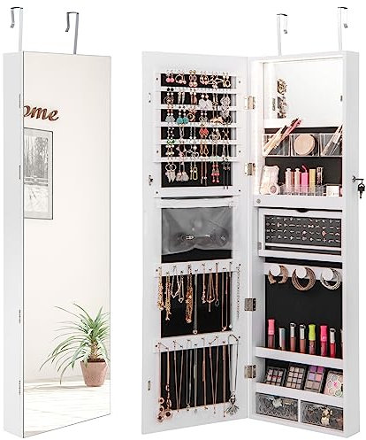 RELAX4LIFE Schmuckschrank mit 2 Spiegel, Spiegelschrank mit 3-farbigen LED-Lichtern & Schloss, Schmuckorganizer für Ohrringe & Armband & Kette & Ringe & Kosmetik, Wand-/Türmontage (Weiß)