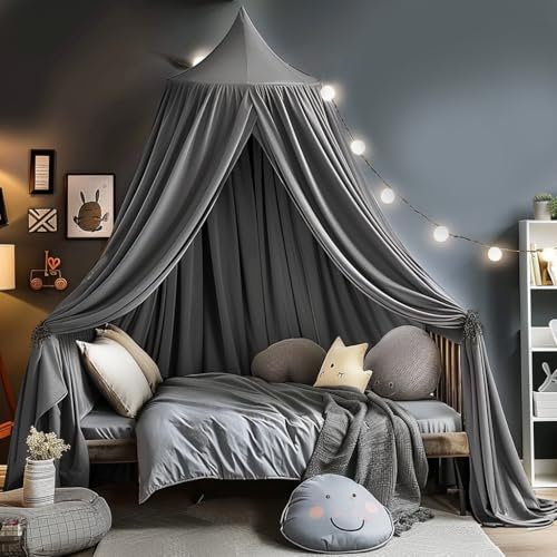 SESAMIS Baldachin Kinderzimmer, Betthimmel Babybett Kinderzimmer 4 Farben, Hängende Rund Princess Insektennetz Moskitonetz, Für Kinderzimmer und Spielzimmer Dekoration,56 * 230 * 450cm (Grau)