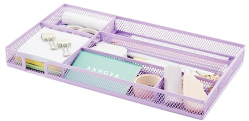 Annova Desk Drawer Organizer Tray for Office Organization - Metal Mesh - Storage Tray with Dividers for Pens, Desktop Accessories, Bathroom, Kitchen, Makeup and Office Supplies (Light Purple)