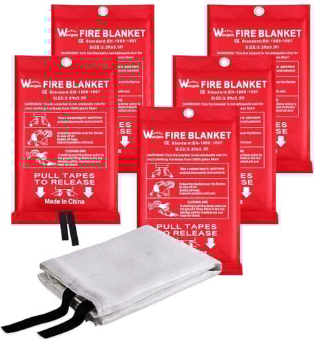 Löschdecke für küche - 5 Packung Feuerlöschdecke DIN EN 1869:2019 Sicherheit Glasfaser Brandschutzdecke für Fettbrände Auto Schule Kamin Schweißen Lager 1,0m x 1,0m