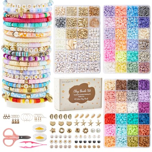 Inscraft 11000 Stück Clay Perlen Set für Armbänder, 48 Farben Flache Runde Heishi Perlen, 6mm Perlen für Armbänder mit Buchstabenperlen, DIY Kreativset Geschenk für Mädchen Teenager Kinder 6-12 Jahre