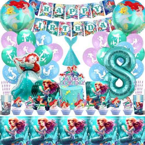Meerjungfrau Geburtstag Deko,8 Jahre Meerjungfrauen Luftballons Mädchen,Partygeschirr Set mit Pappteller Servietten,Meerjungfrauen Ballons Kindergeburtstag,Ozean Thema Party Supplies