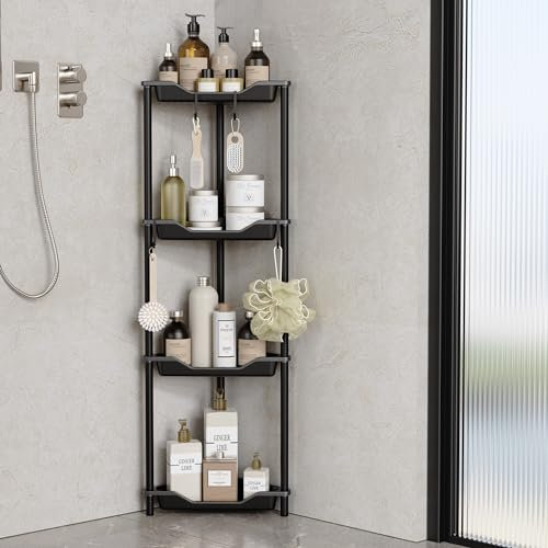 Orimade 4 niveles Organizador de ducha de pie,Organizador de esquina de piso de empalme de metal plástico, estante de ducha sin taladrar para baño 10.8 x 10.8 x 44.6 pulgadas Negro