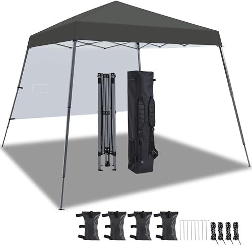 Yaheetech Pop Up Gazebo 3x3M with 1 Side Panel, Portable Backpack Bag, 4 Sandbags, 4 Ropes & 8 Stakes, Slant Leg, Dark Grey
