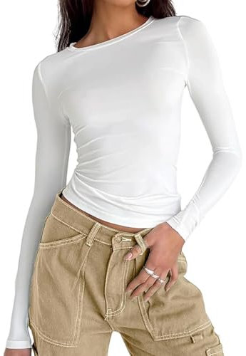 OYIGELZ Langarmshirt Damen Klassischer Basic T-Shirt Crop Tops Y2K Slim Fit Oberteile Sweatshirt Casual Rundhals Tee Shirt(Weiß,XXL)