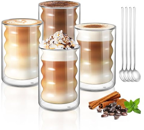 ecooe 4 Pack Double Walled Glass Coffee Mugs 350ml, Cappuccino Latte Macchiato Glass Cups, Ripple Shaped Coffee Glasses, Heat Resistant Glass Coffee Cup for Tea Milk Juice Ice Cream
