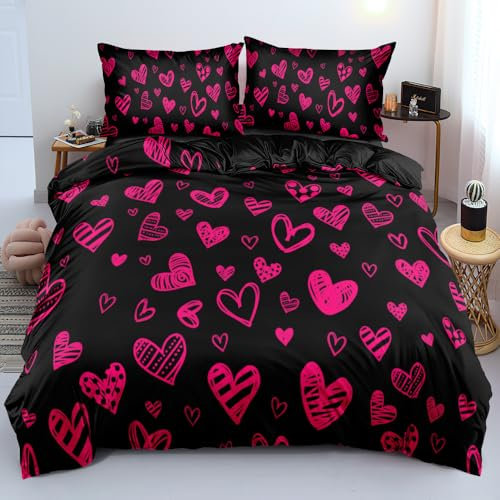 Luowei Parure de lit 3 pièces en microfibre douce et douillette avec housse de couette 200 x 200 cm et 2 taies d'oreiller de 80 x 80 cm, pour fille - Noir avec cœurs roses