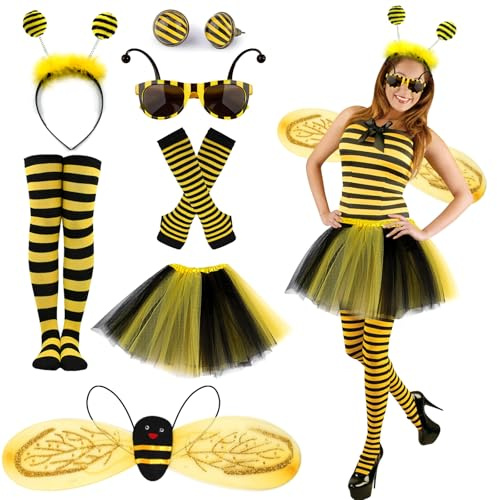 BITOWO 7stk Bienenkostüm Erwachsene Damen Bienen Flügel Tütü Rock Haarreif Ohrringe Socken Handschuhe Brille Biene Bienen Kostüm Damen Zubehör Kostüm Biene Damen Karneval Faschingskostüm Verkleidung
