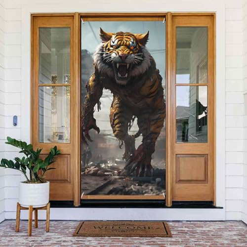 Ruinen Tiger Krieger Türabdeckungen Dekorativ - Indoor Outdoor Tür Banner Dekorationen Frühling Sommer Herbst Winter Halloween Weihnachtsdekorationen